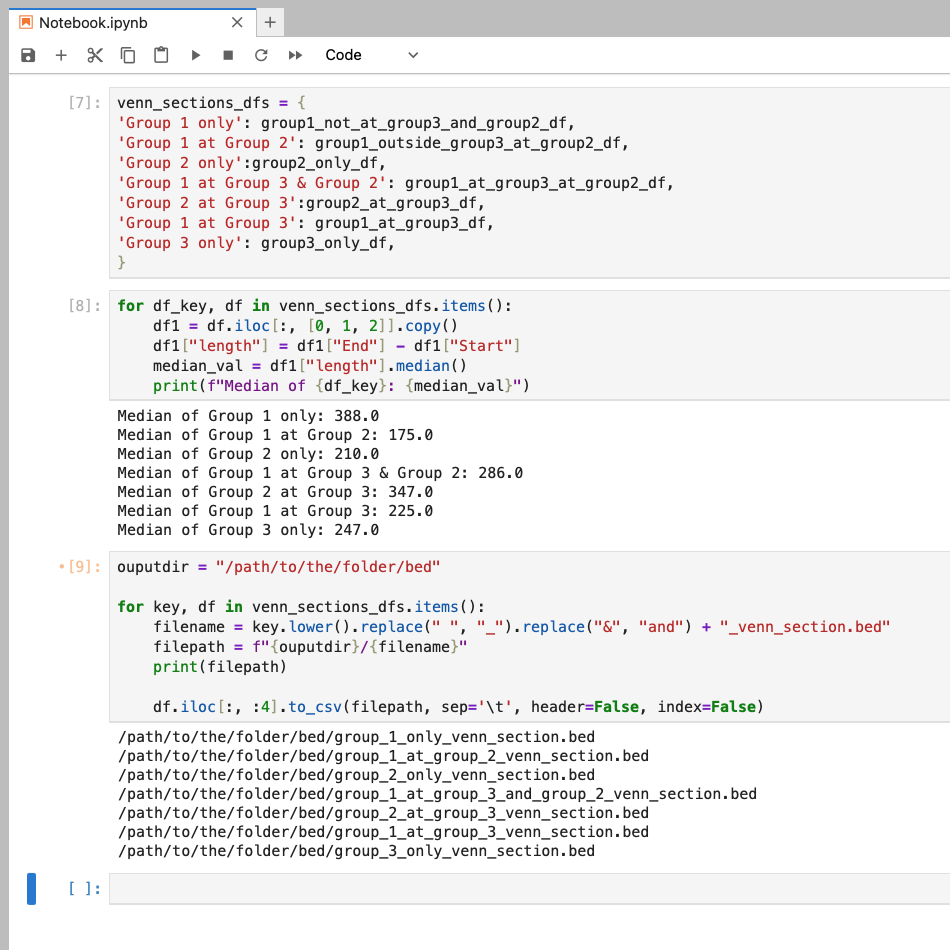 venn diagram and a python dictionary of the venn section dfs