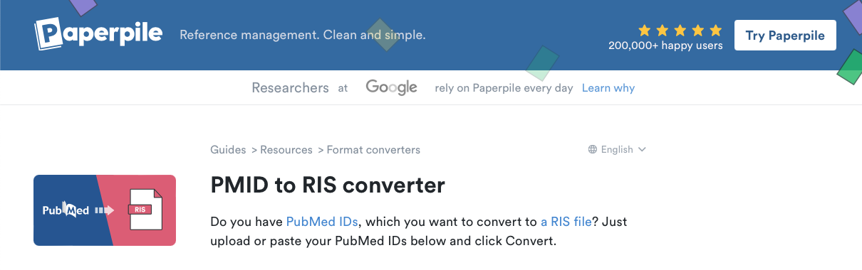 Screenshot of PMID to RIS converter on Paperpile website.