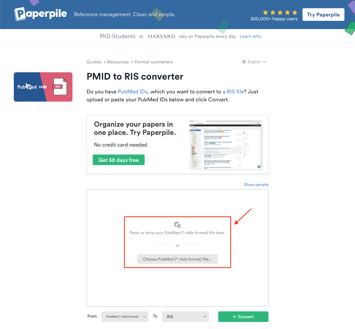 Screenshot to upload .nbib file into PMID to RIS converter on Paperpile website