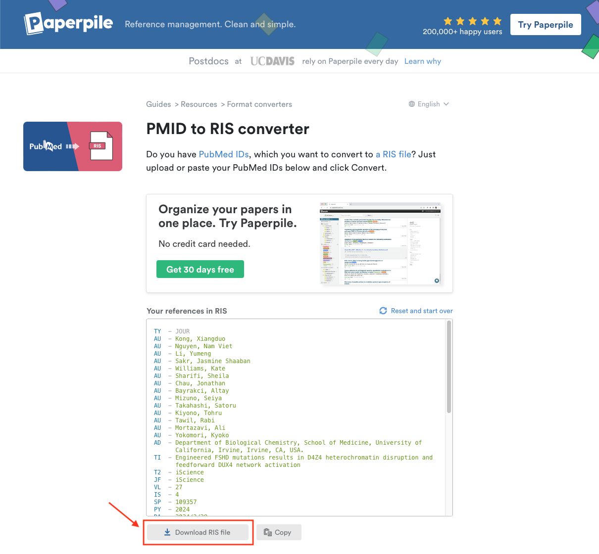 Screenshot to download converted .ris file from PMID to RIS converter on Paperpile website