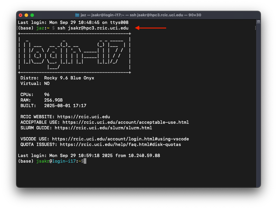 Screenshot of terminal with the full command to SSH into HPC