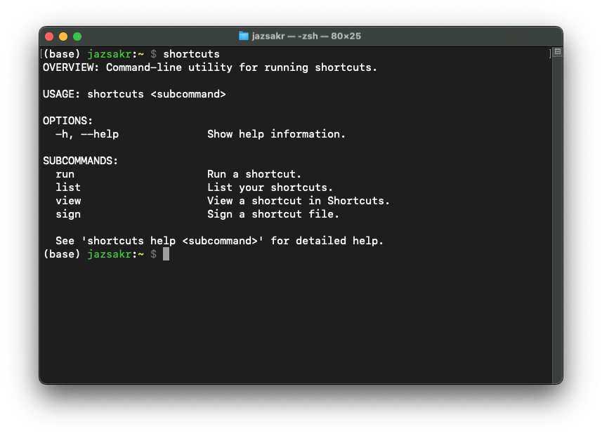 Screenshot of the terminal showing the output of the command shortcuts