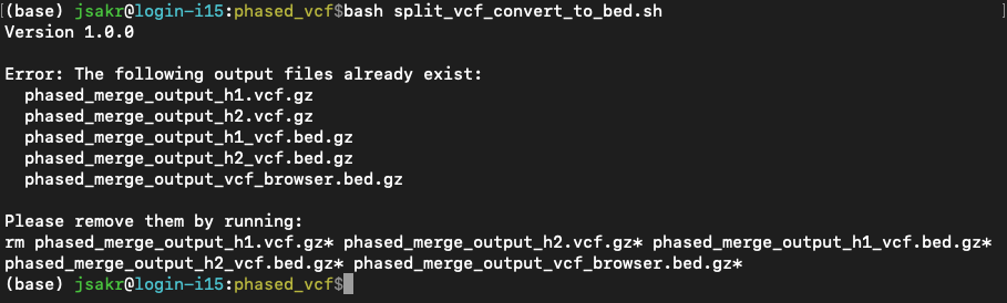 Screenshot of terminal with error message listing output files that already exist.