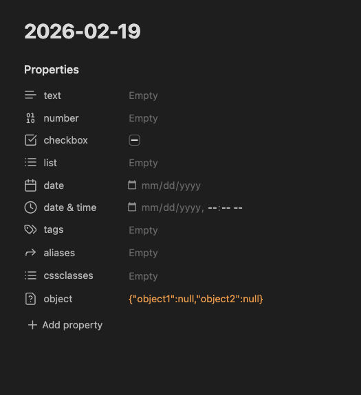 Screenshot of Obsidian frontmatter of a daily note in reading view with Obsidian metadata.