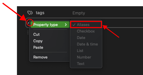Screenshot of Obsidian frontmatter of a daily note in reading view while attempting to change property type of default Obsidian metadata.