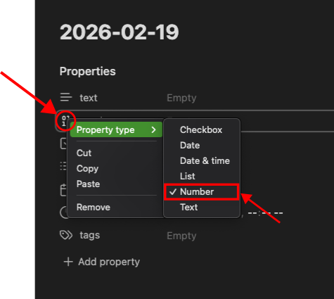 Screenshot of Obsidian frontmatter of a daily note in reading view while changing property type of metadata.